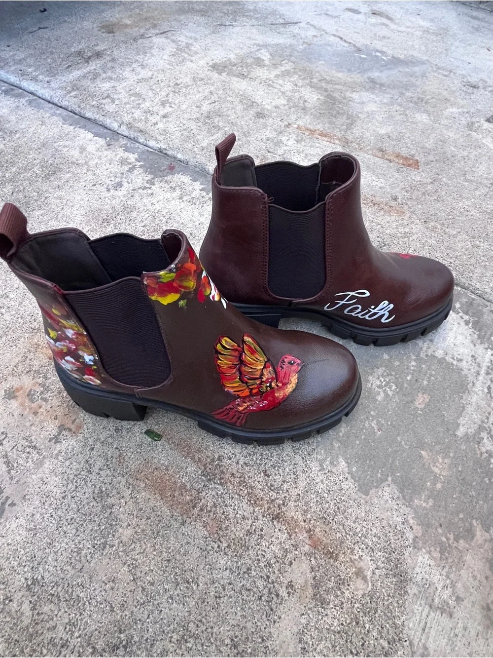Soda Brown Ankle Boots with Hand-Painted Floral & Bird Art